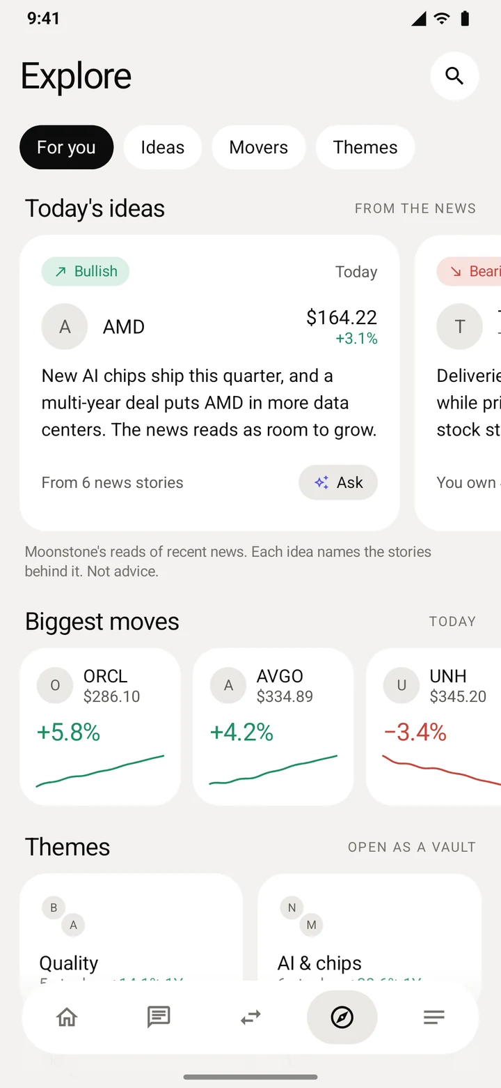 Explore showing today's biggest moves and themes